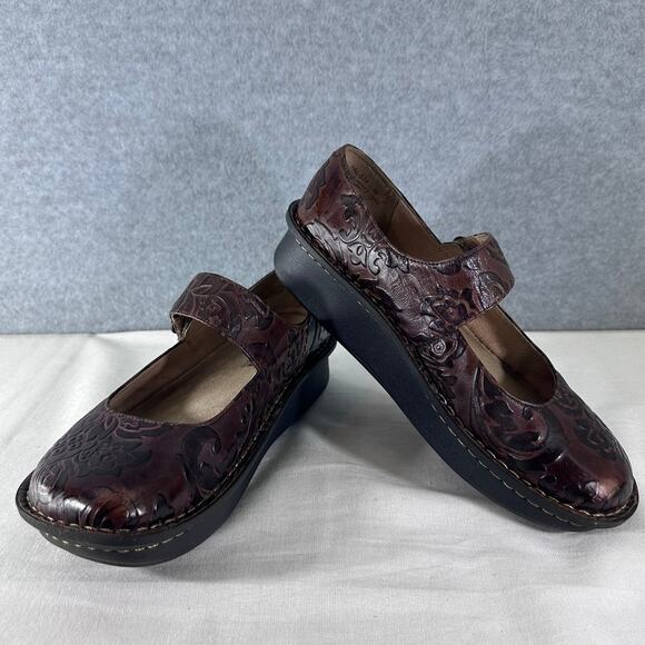 Alegria Womens sz 39 PAL-574 Brown Emboss Leather Mary Jane Clog Nursing Comfort - Picture 1 of 13